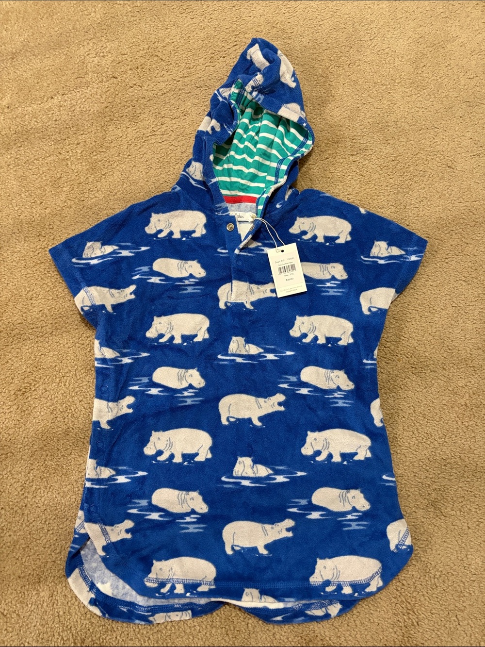 Blue Hippo Print Hooded Kids Poncho